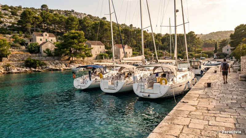 Kleine Marina an der kroatischen Adriaküste, weiße Charteryachten am Steinkai, türkises Wasser, Pinien und Steinhäuser