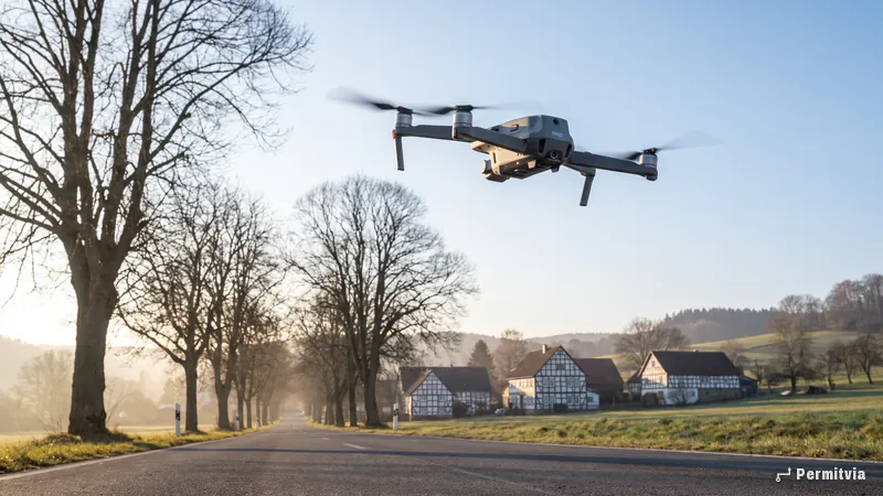 Drohne fliegt über einer leeren Allee am Ortsrand mit Fachwerkhäusern