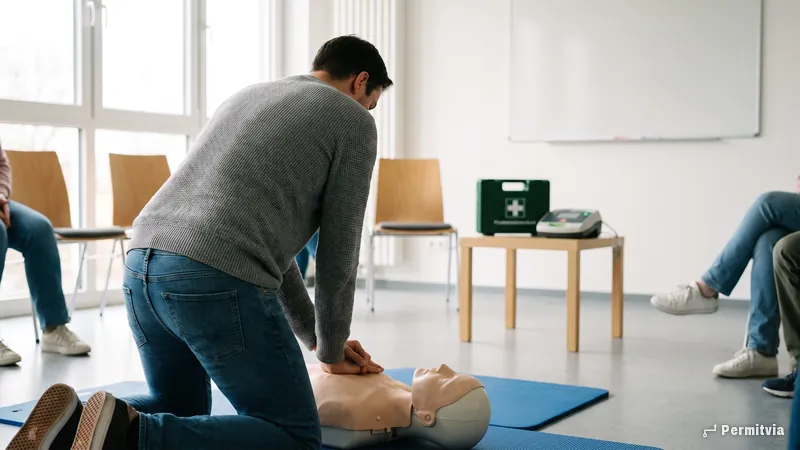 First aid course: a participant practises chest compressions on a training manikin, first aid kit and AED trainer in the background