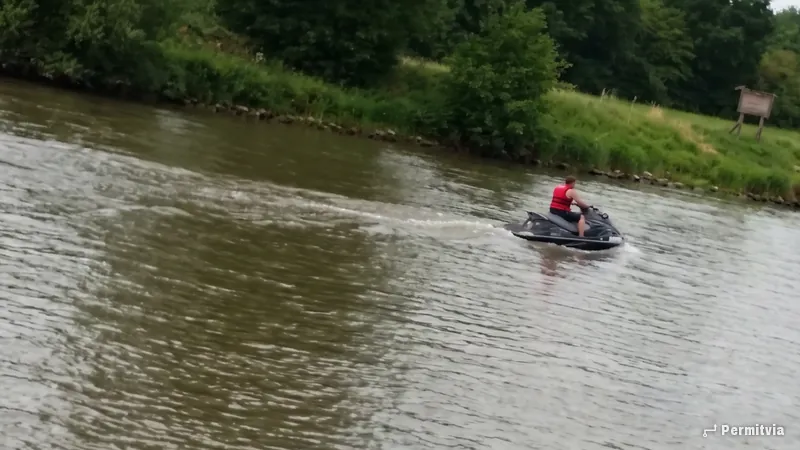 Jetski mit Fahrer in roter Schwimmweste auf einem breiten Fluss, von hinten, bewölkter Sommertag