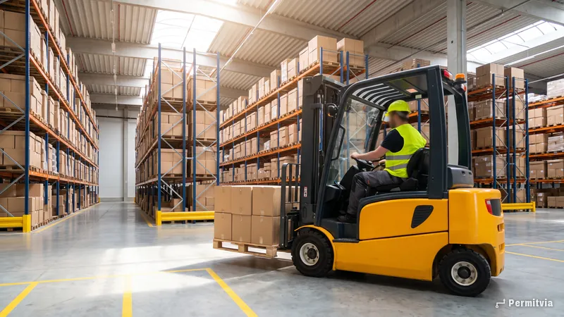 Yellow forklift lifting a pallet in a bright warehouse, driver wearing a high-visibility vest