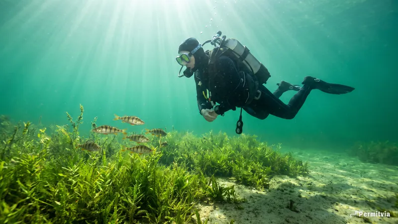 Taucher in voller Ausrüstung schwebt über Wasserpflanzen in einem klaren See, Barsche daneben